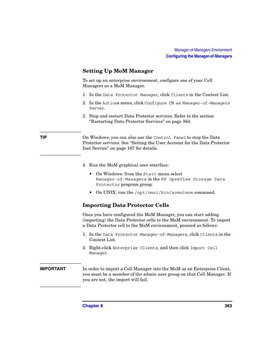 Setting up mom manager, Importing data protector cells, Setting up mom manager” on | Ee “importing | HP B6960-90078 User Manual | Page 393 / 856