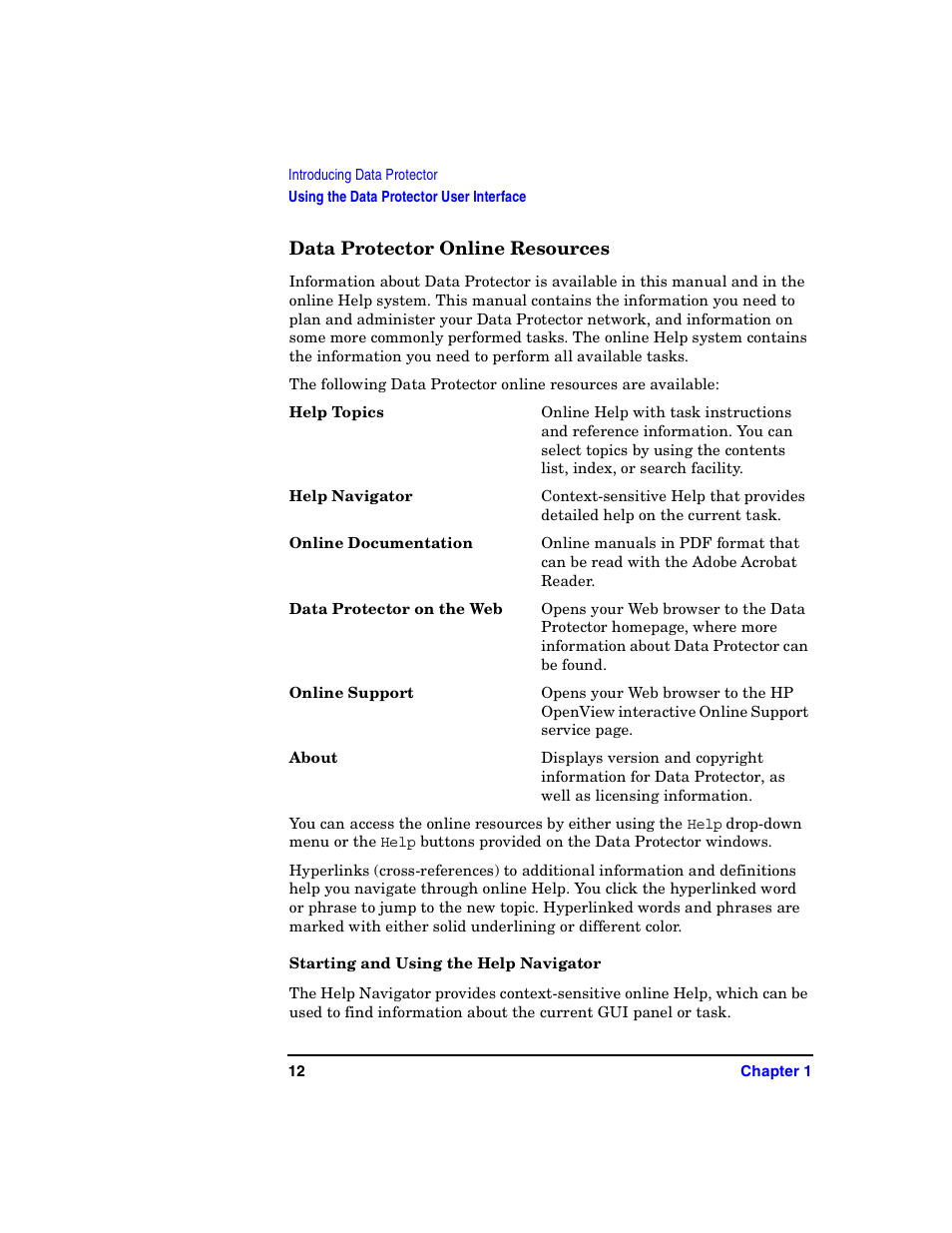 Data protector online resources, Starting and using the help navigator | HP B6960-90078 User Manual | Page 42 / 856