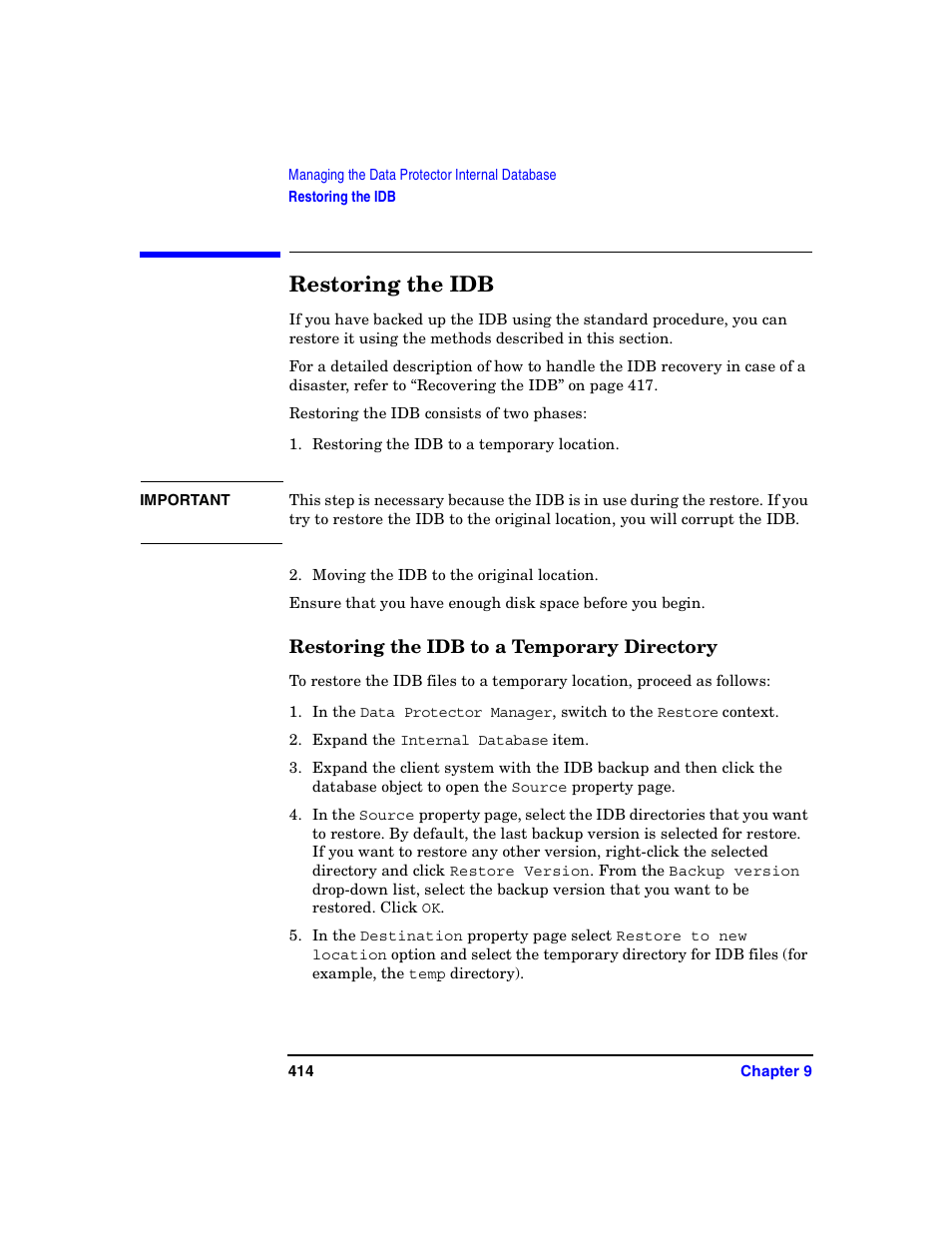 Restoring the idb, Restoring the idb to a temporary directory | HP B6960-90078 User Manual | Page 444 / 856