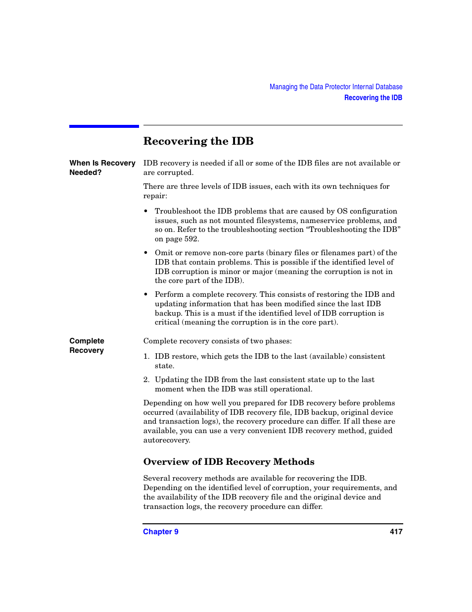 Recovering the idb, Overview of idb recovery methods | HP B6960-90078 User Manual | Page 447 / 856