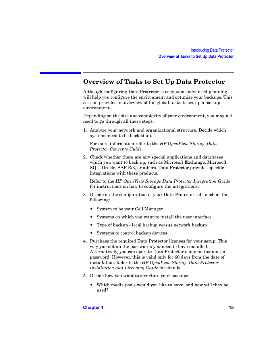 Overview of tasks to set up data protector | HP B6960-90078 User Manual | Page 45 / 856