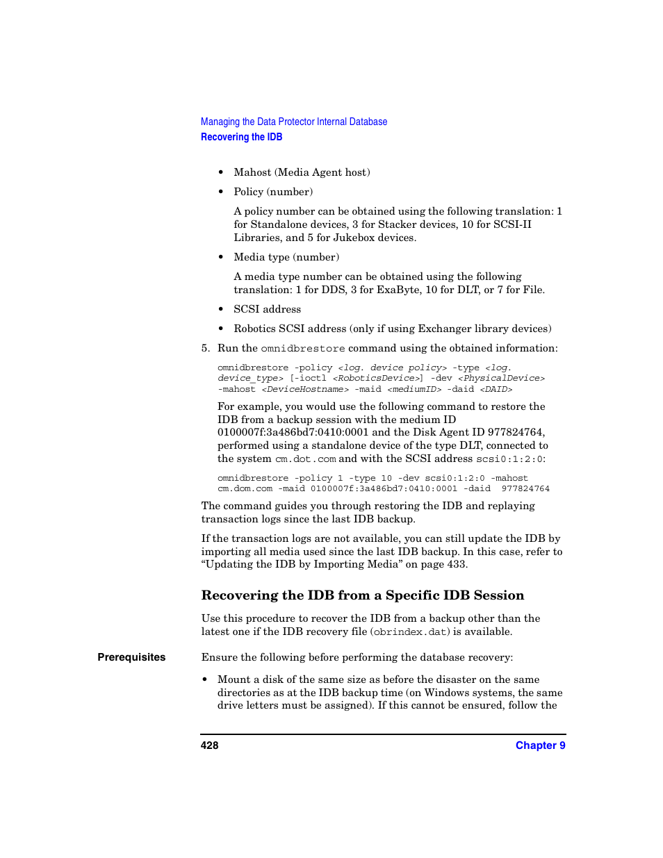 Recovering the idb from a specific idb session | HP B6960-90078 User Manual | Page 458 / 856