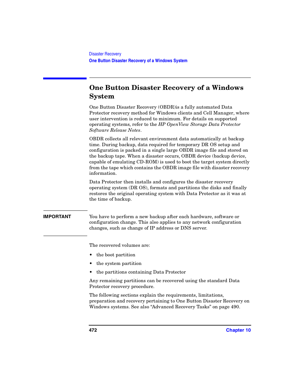One button disaster recovery of a windows system, One button | HP B6960-90078 User Manual | Page 502 / 856