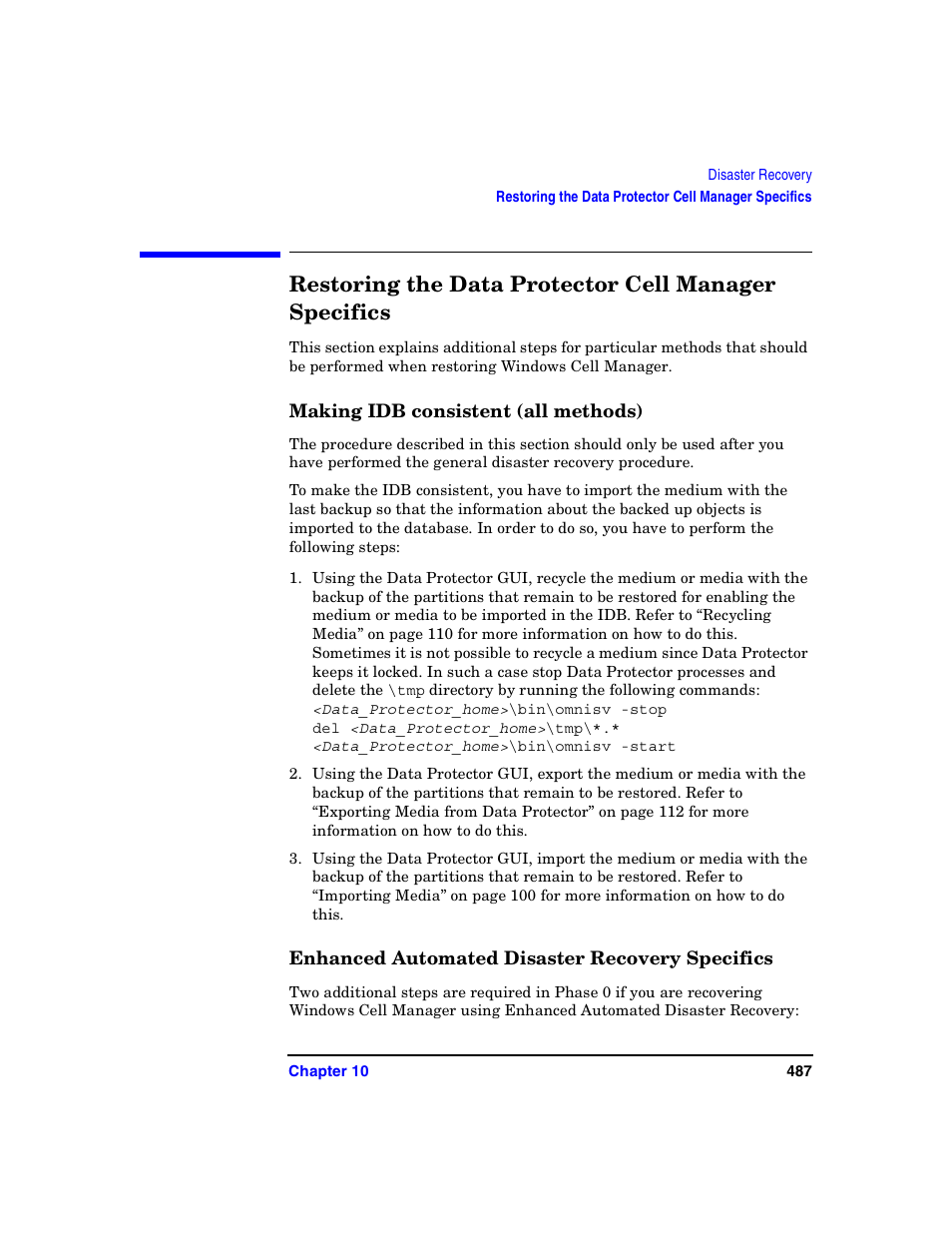 Making idb consistent (all methods), Enhanced automated disaster recovery specifics | HP B6960-90078 User Manual | Page 517 / 856