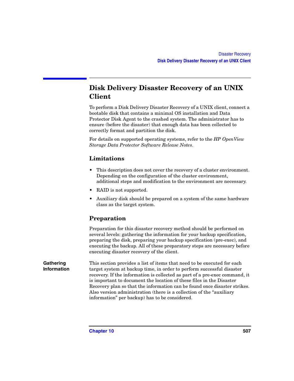 Disk delivery disaster recovery of an unix client, Limitations, Preparation | Disk delivery | HP B6960-90078 User Manual | Page 537 / 856