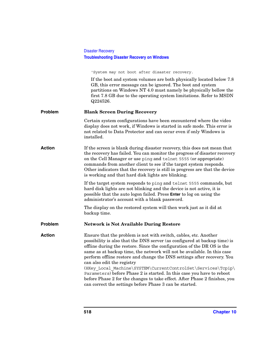Blank screen during recovery, Network is not available during restore | HP B6960-90078 User Manual | Page 548 / 856