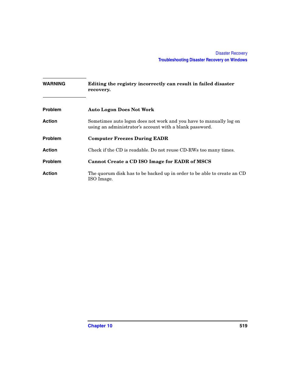 Auto logon does not work, Computer freezes during eadr, Cannot create a cd iso image for eadr of mscs | HP B6960-90078 User Manual | Page 549 / 856