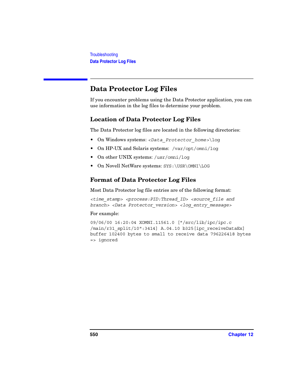 Data protector log files, Location of data protector log files, Format of data protector log files | HP B6960-90078 User Manual | Page 580 / 856