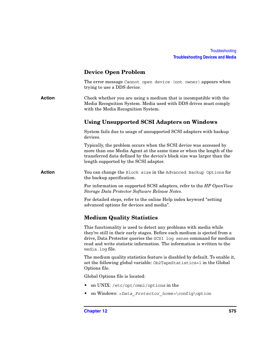 Device open problem, Using unsupported scsi adapters on windows, Medium quality statistics | HP B6960-90078 User Manual | Page 605 / 856