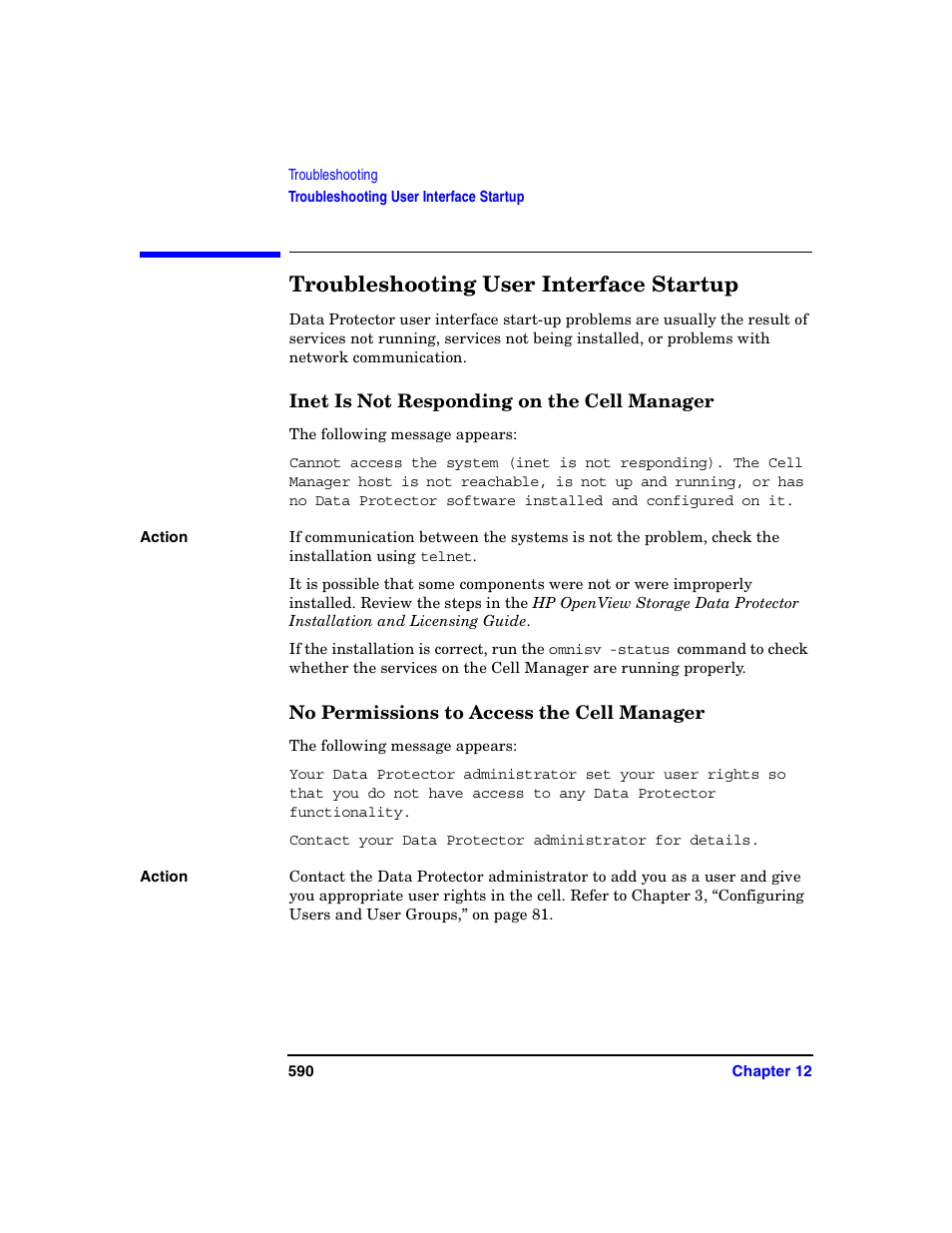 Troubleshooting user interface startup, Inet is not responding on the cell manager, No permissions to access the cell manager | HP B6960-90078 User Manual | Page 620 / 856