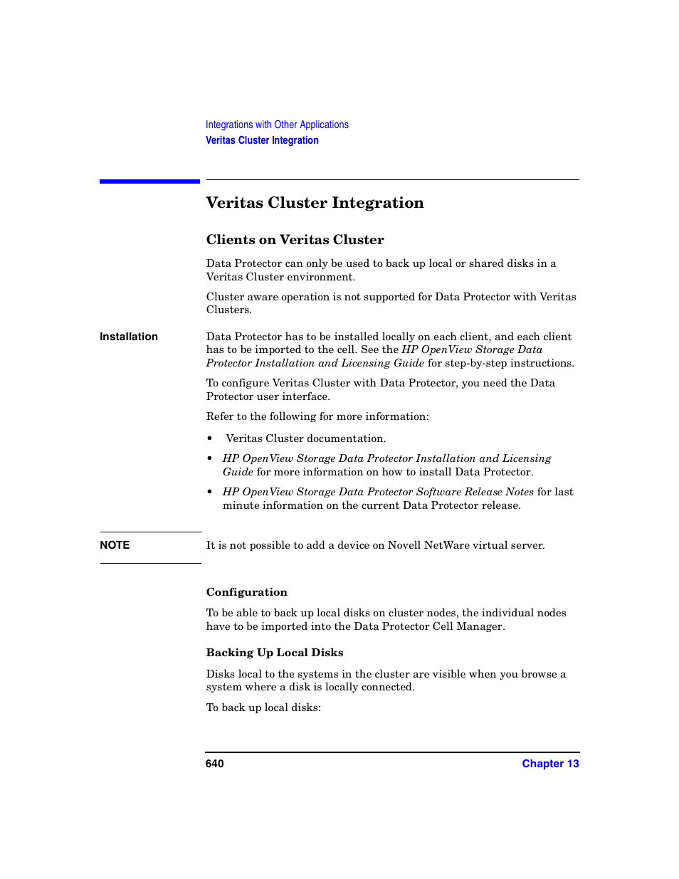 Veritas cluster integration, Clients on veritas cluster, Configuration | Backing up local disks | HP B6960-90078 User Manual | Page 670 / 856