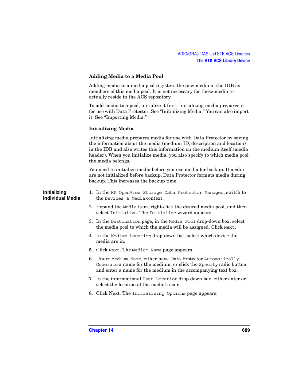 Adding media to a media pool, Initializing media | HP B6960-90078 User Manual | Page 719 / 856