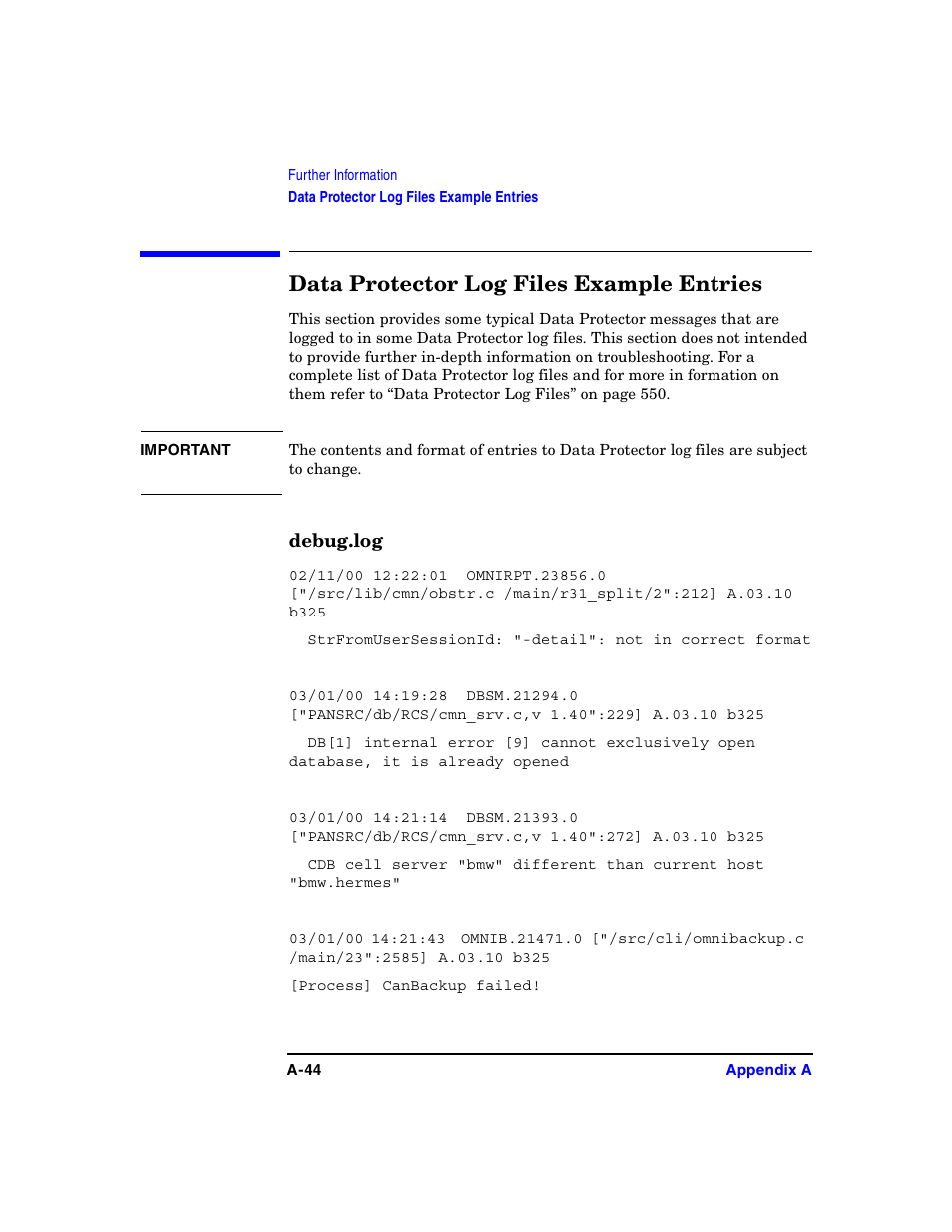 Data protector log files example entries, Debug.log | HP B6960-90078 User Manual | Page 774 / 856