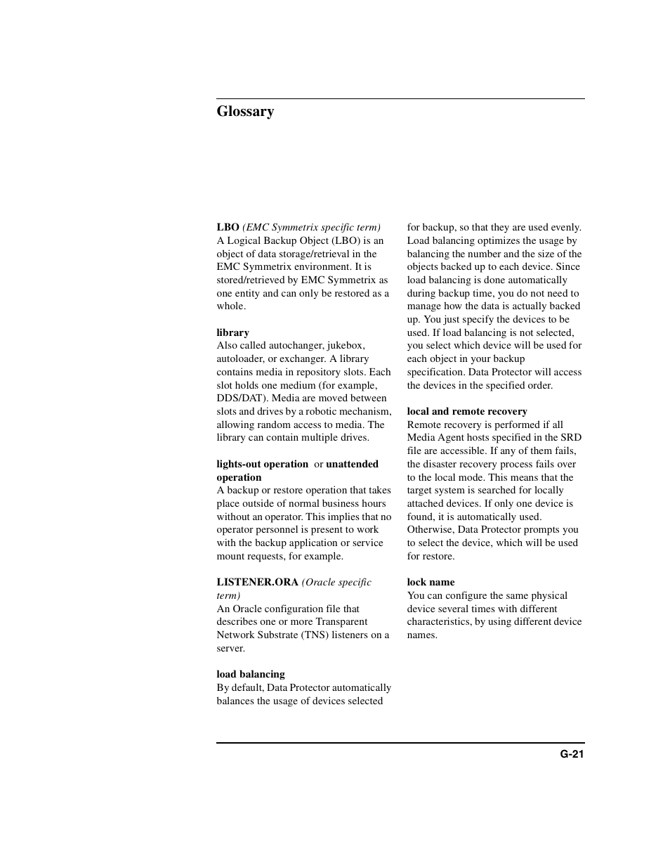 Library, Lights-out operation, Listener.ora | Load balancing, Local and remote recovery, Lock name, Glossary | HP B6960-90078 User Manual | Page 803 / 856