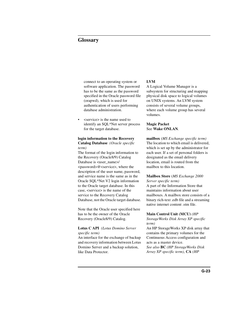 Login information to the recovery catalog database, Lotus c api, Magic packet | Mailbox, Mailbox store, Main control unit (mcu), Glossary | HP B6960-90078 User Manual | Page 805 / 856