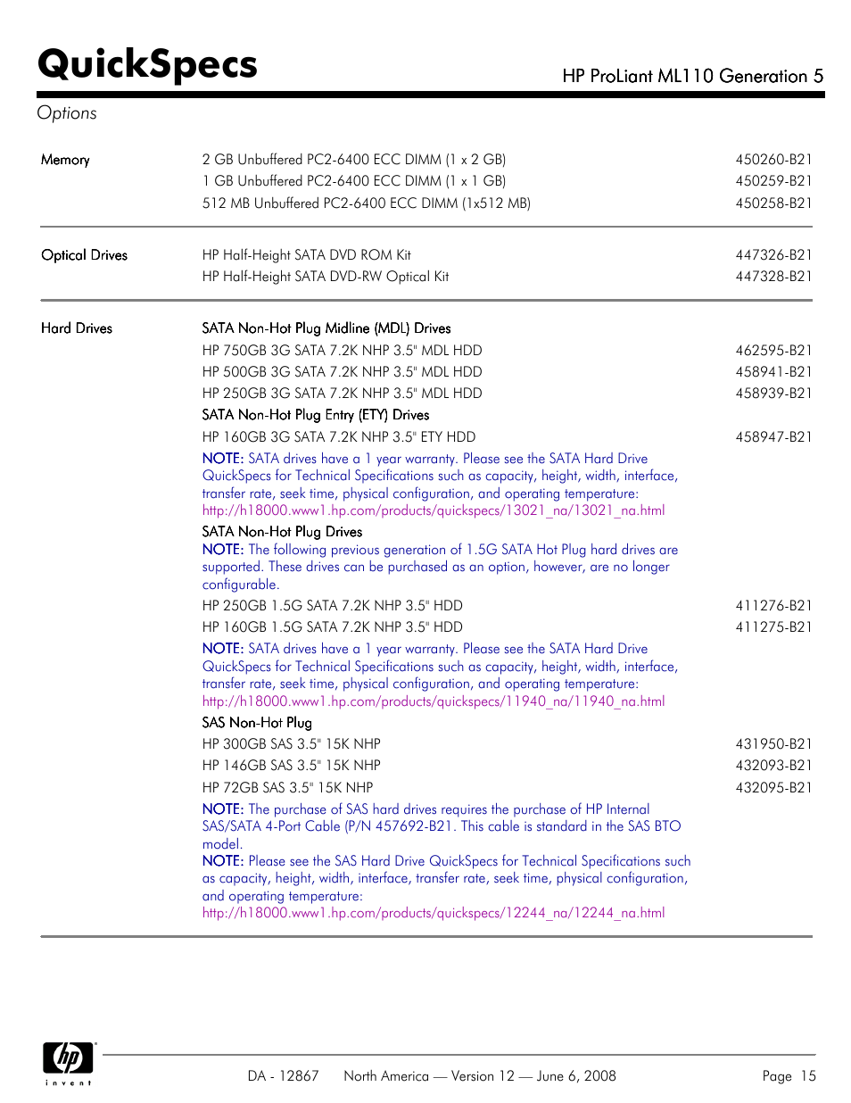 Options, Quickspecs, Hp proliant ml110 generation 5 | Hp proliant ml110 generation 5 options | HP ProLiant ML110 User Manual | Page 15 / 31