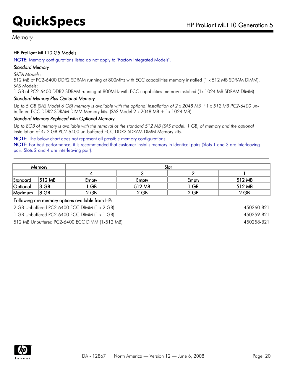 Memory, Quickspecs, Hp proliant ml110 generation 5 | HP ProLiant ML110 User Manual | Page 20 / 31