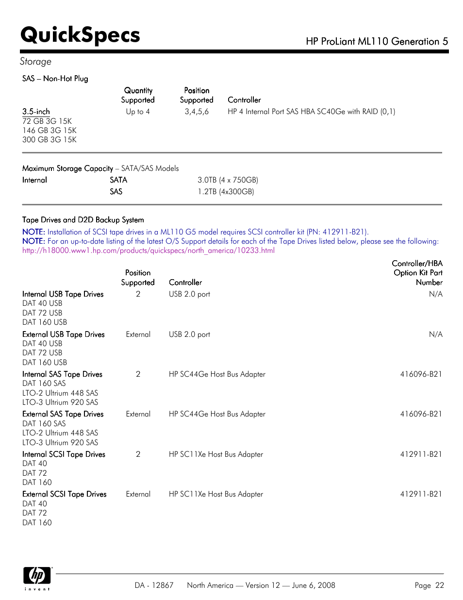 Quickspecs, Hp proliant ml110 generation 5, Hp proliant ml110 generation 5 storage | HP ProLiant ML110 User Manual | Page 22 / 31