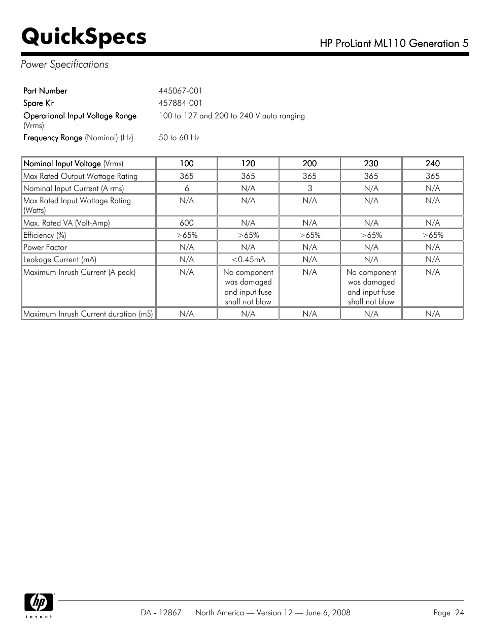Power specifications, Quickspecs, Hp proliant ml110 generation 5 | HP ProLiant ML110 User Manual | Page 24 / 31