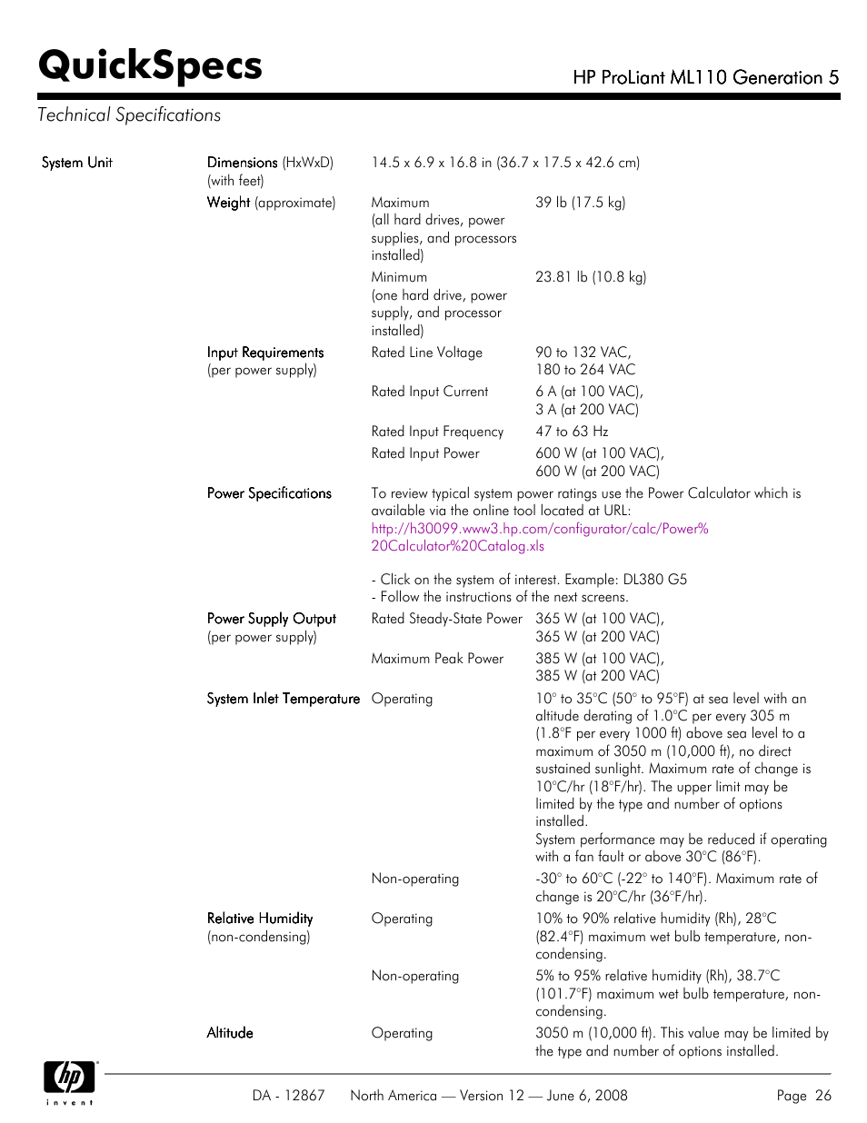 Technical specifications, Quickspecs, Hp proliant ml110 generation 5 | HP ProLiant ML110 User Manual | Page 26 / 31