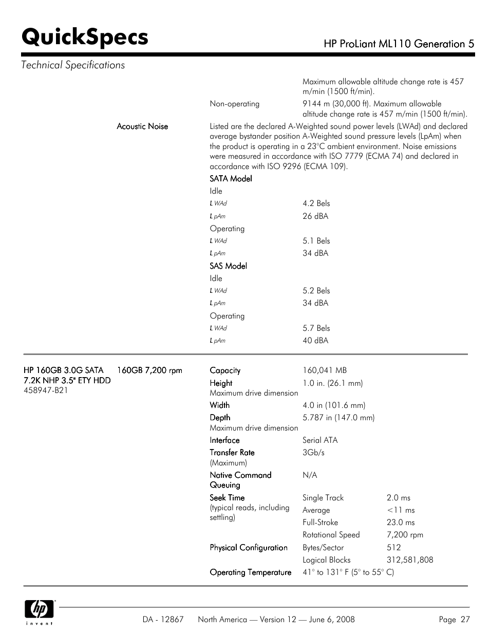 Quickspecs, Hp proliant ml110 generation 5 | HP ProLiant ML110 User Manual | Page 27 / 31