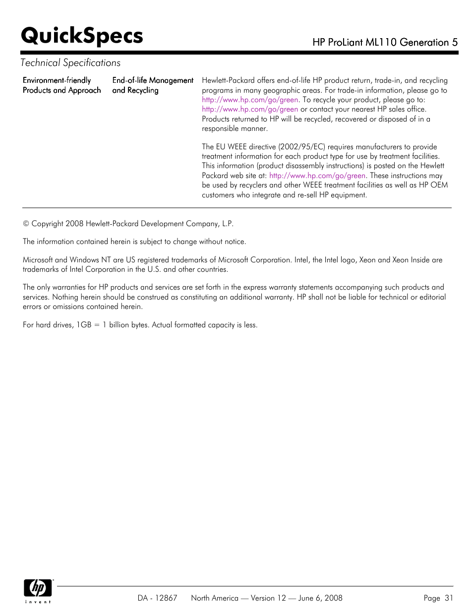 Quickspecs, Hp proliant ml110 generation 5 | HP ProLiant ML110 User Manual | Page 31 / 31
