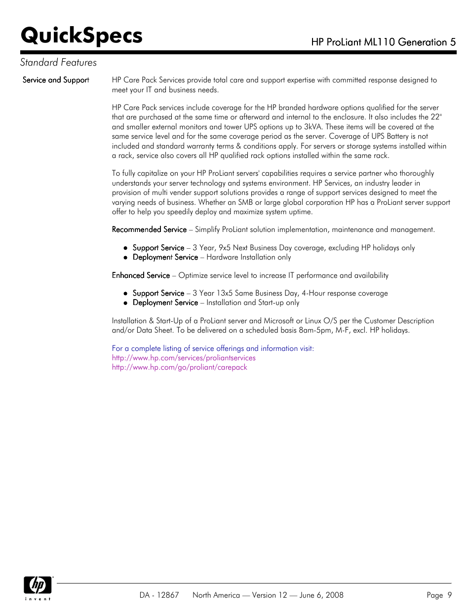 Quickspecs, Hp proliant ml110 generation 5, Hp proliant ml110 generation 5 standard features | HP ProLiant ML110 User Manual | Page 9 / 31