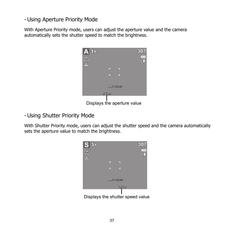 Using aperture priority mode, Using shutter priority mode | HP CB350 User Manual | Page 48 / 81