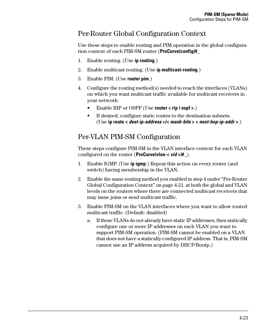 Per-router global configuration context, Per-vlan pim-sm configuration, Per-router global configuration context -20 | Per-vlan pim-sm configuration -21 | HP 3500YL User Manual | Page 125 / 394
