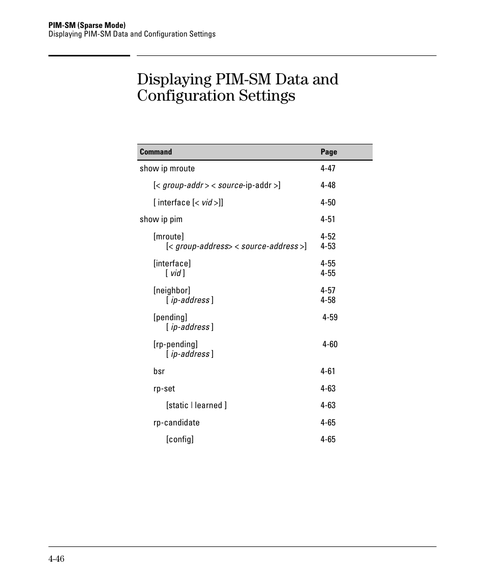 Displaying pim-sm data and configuration settings | HP 3500YL User Manual | Page 150 / 394