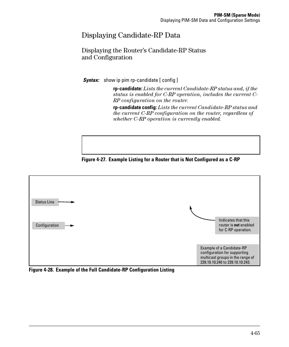 Displaying candidate-rp data, Displaying the router’s candidate-rp status, Displaying candidate-rp data -65 | And configuration -65 | HP 3500YL User Manual | Page 169 / 394