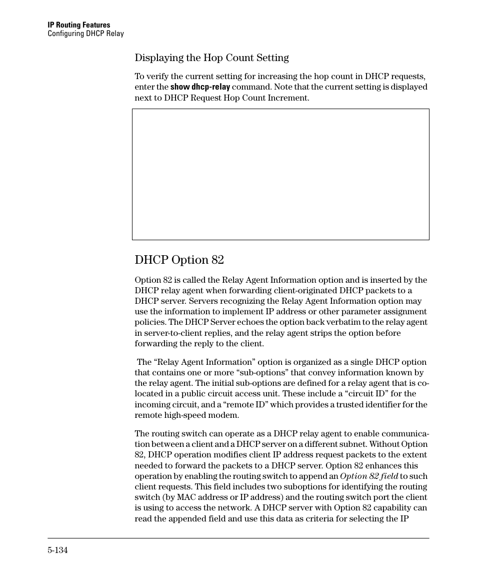 Dhcp option 82, Displaying the hop count setting -134, Dhcp option 82 -134 | Displaying the hop count setting -135, Dhcp option 82 -135, Displaying the hop count setting | HP 3500YL User Manual | Page 308 / 394