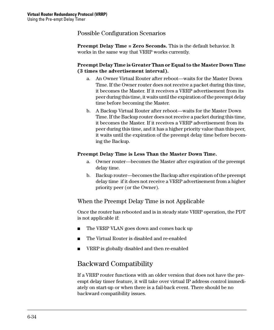 Backward compatibility, Possible configuration scenarios -34, When the preempt delay time is not applicable -34 | Backward compatibility -34, Possible configuration scenarios, When the preempt delay time is not applicable | HP 3500YL User Manual | Page 364 / 394