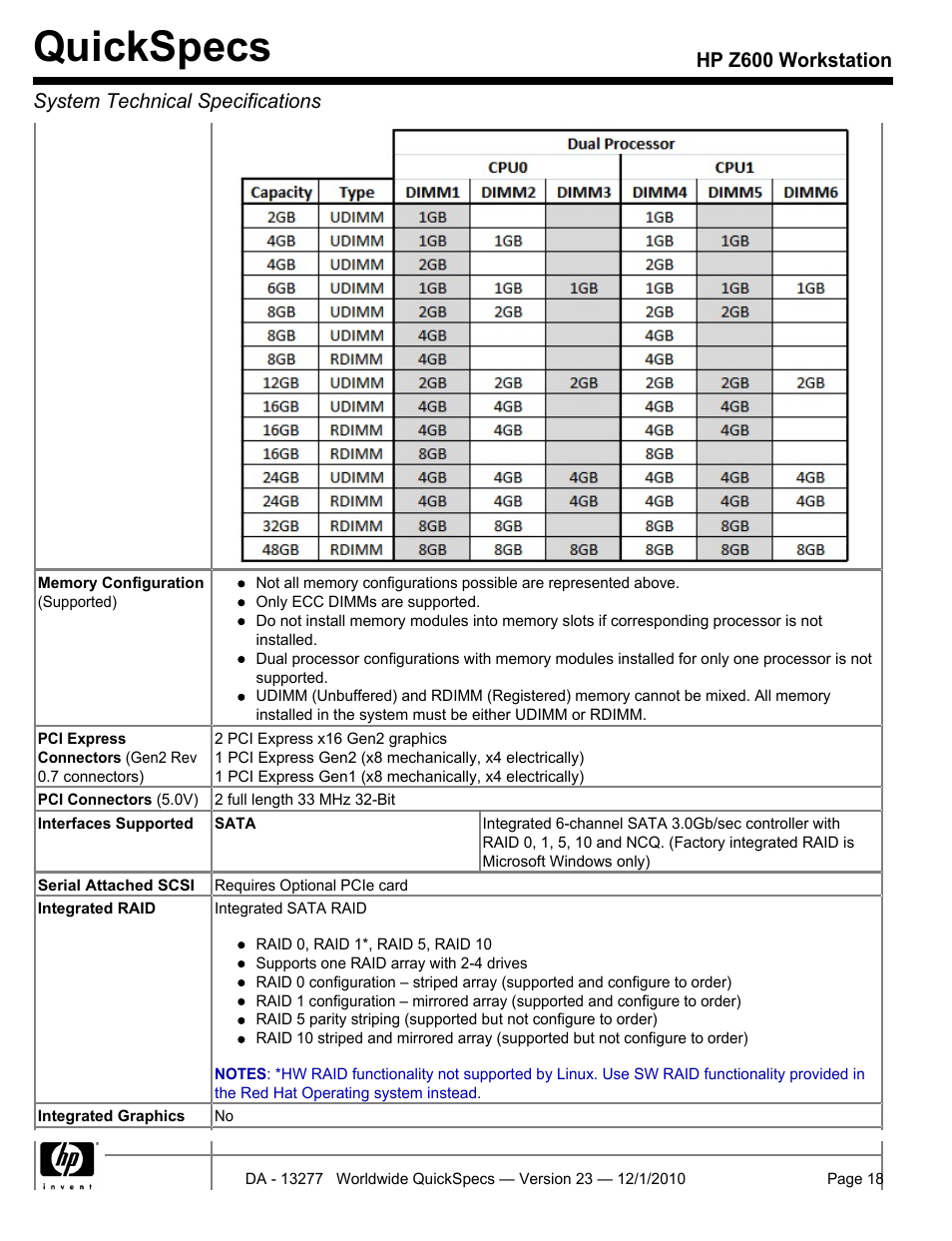Quickspecs | HP Z600 User Manual | Page 18 / 78