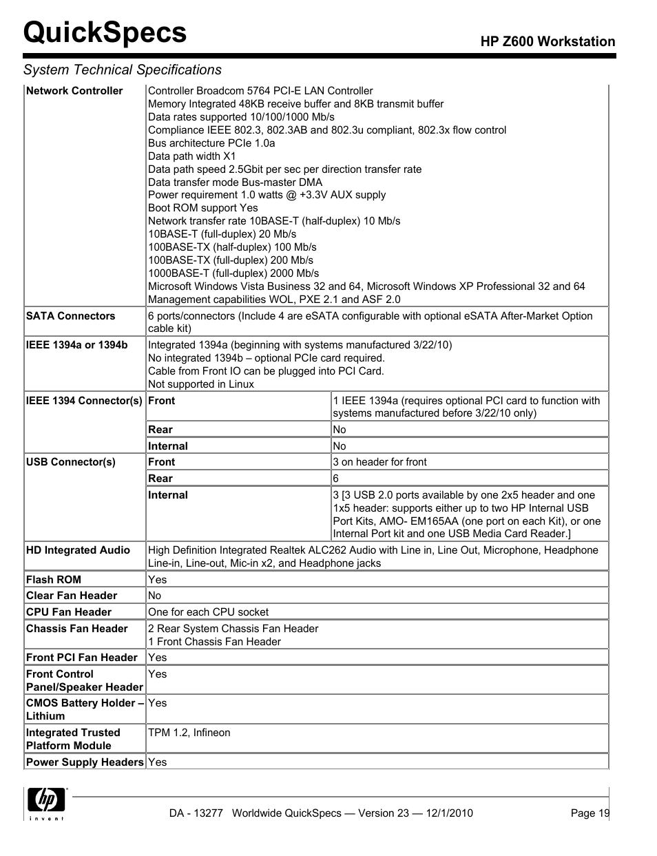 Quickspecs | HP Z600 User Manual | Page 19 / 78