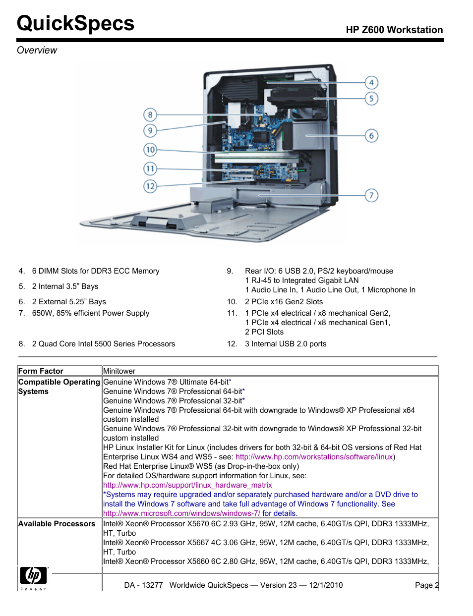 Quickspecs, Hp z600 workstation overview | HP Z600 User Manual | Page 2 / 78