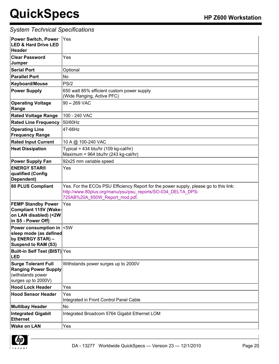 Quickspecs | HP Z600 User Manual | Page 20 / 78