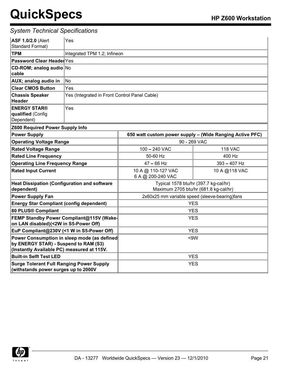 Quickspecs | HP Z600 User Manual | Page 21 / 78