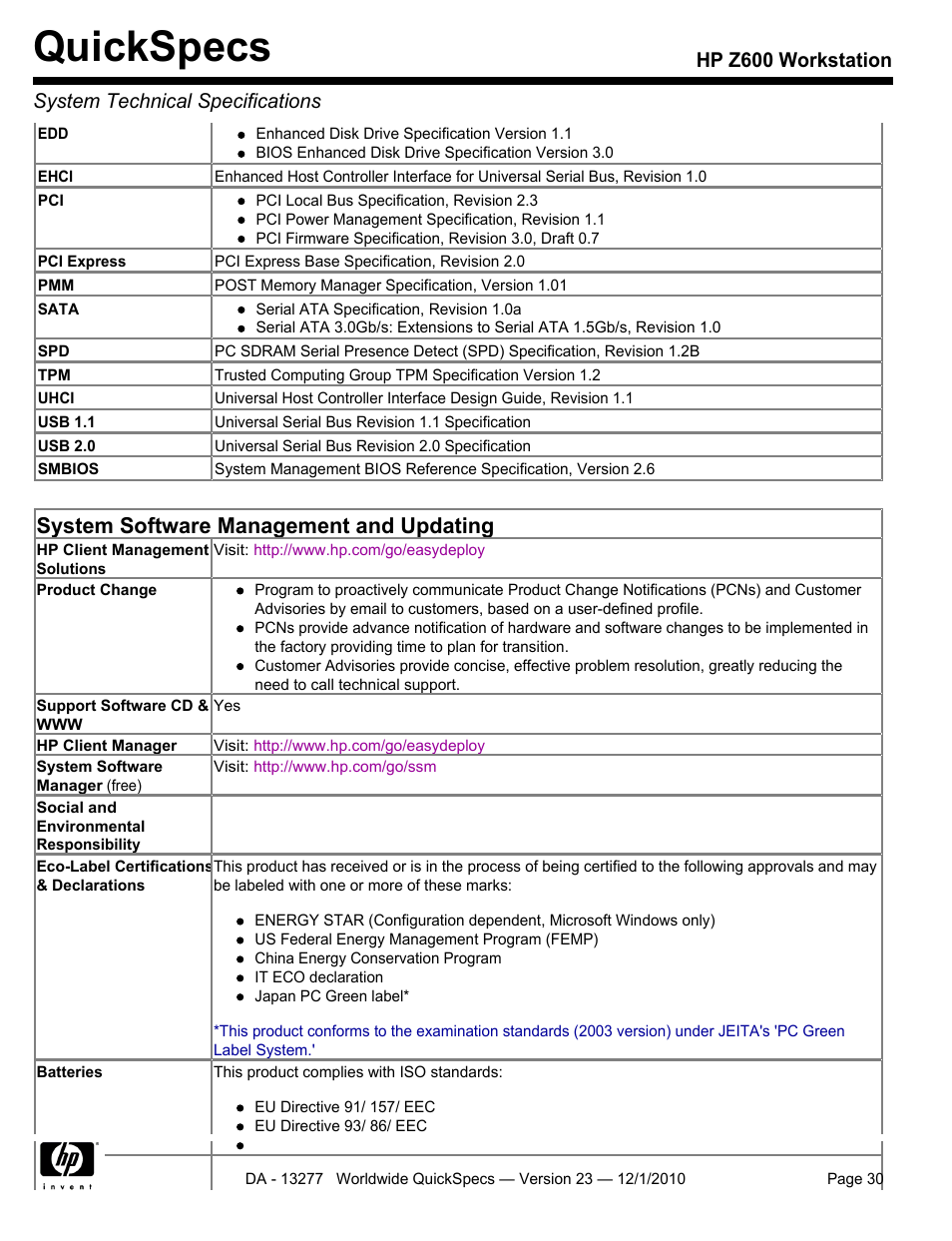 Quickspecs, System software management and updating | HP Z600 User Manual | Page 30 / 78