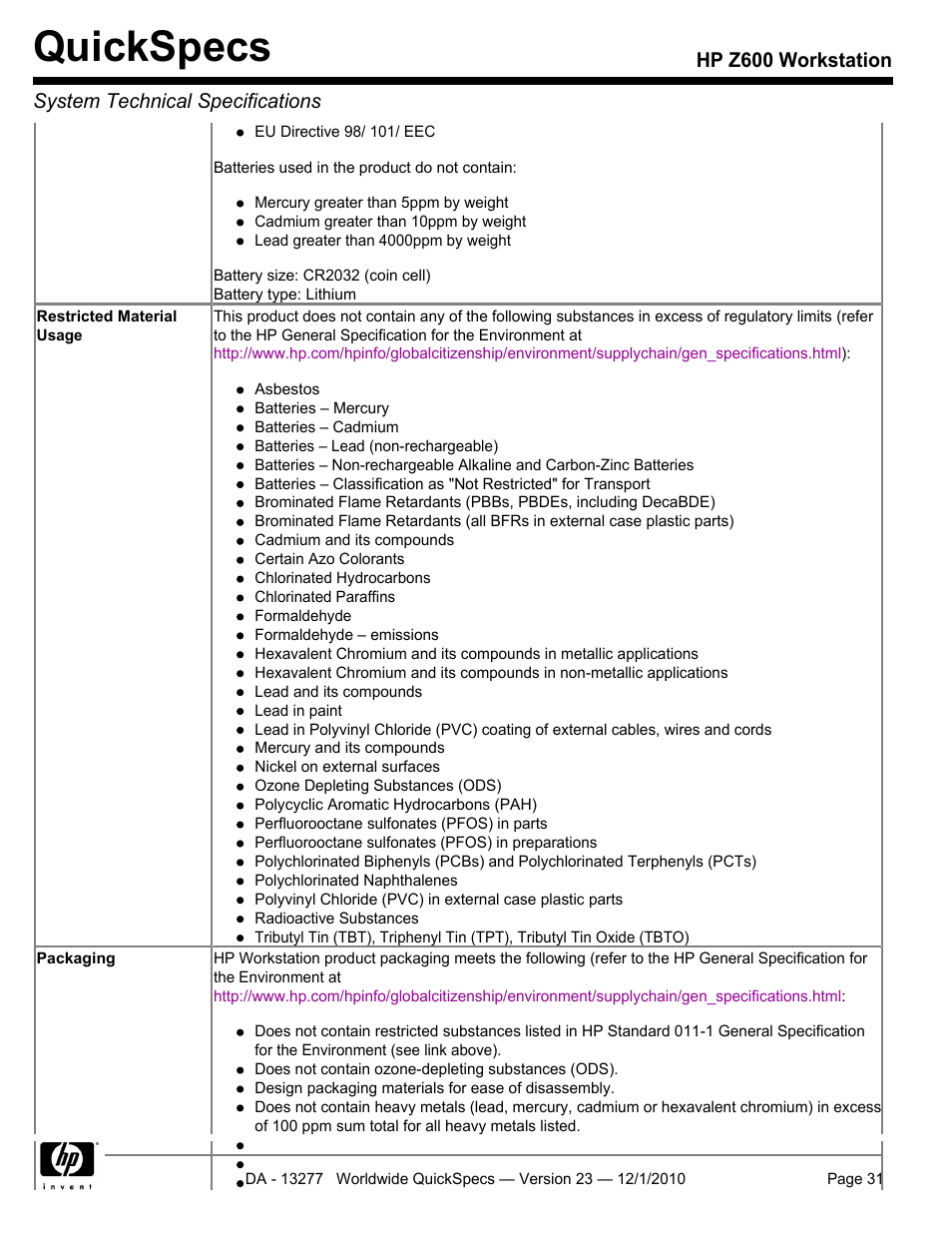 Quickspecs | HP Z600 User Manual | Page 31 / 78