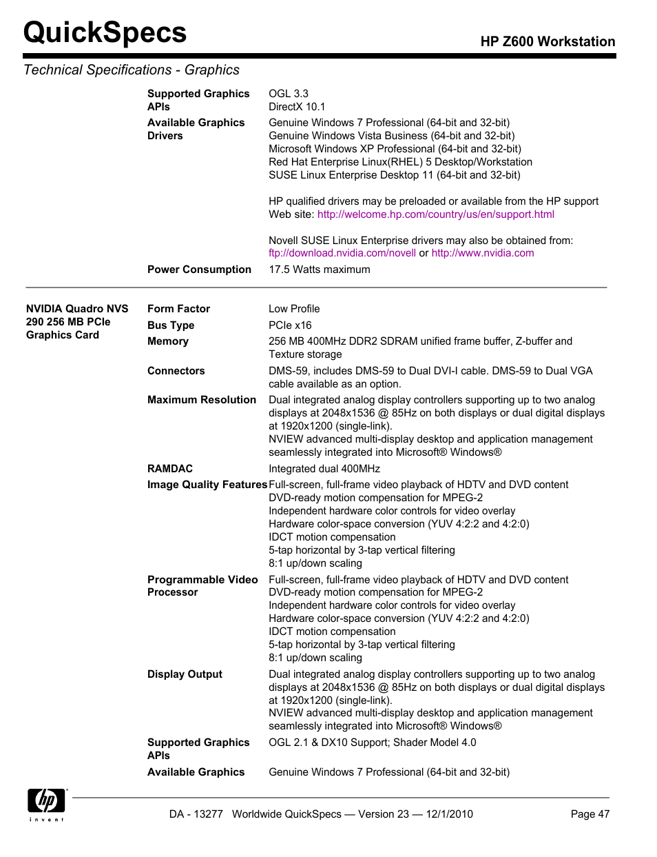 Quickspecs | HP Z600 User Manual | Page 47 / 78