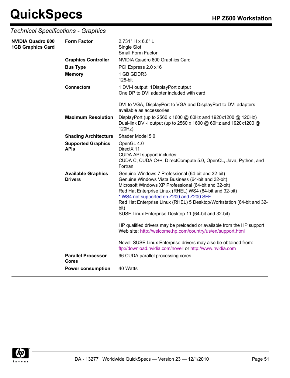 Quickspecs | HP Z600 User Manual | Page 51 / 78