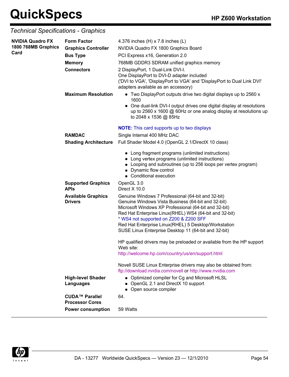 Quickspecs | HP Z600 User Manual | Page 54 / 78