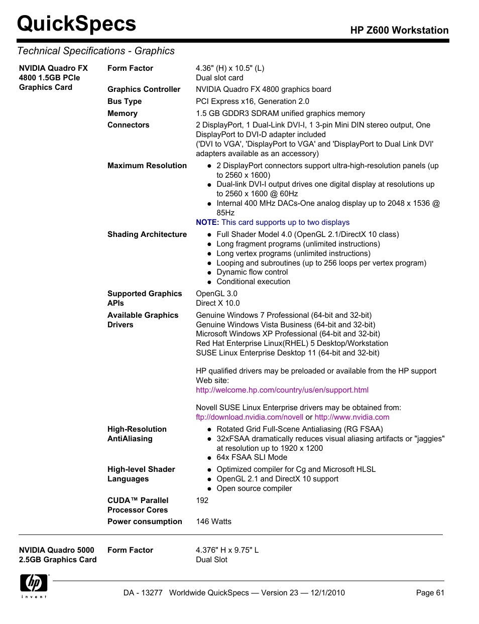 Quickspecs | HP Z600 User Manual | Page 61 / 78