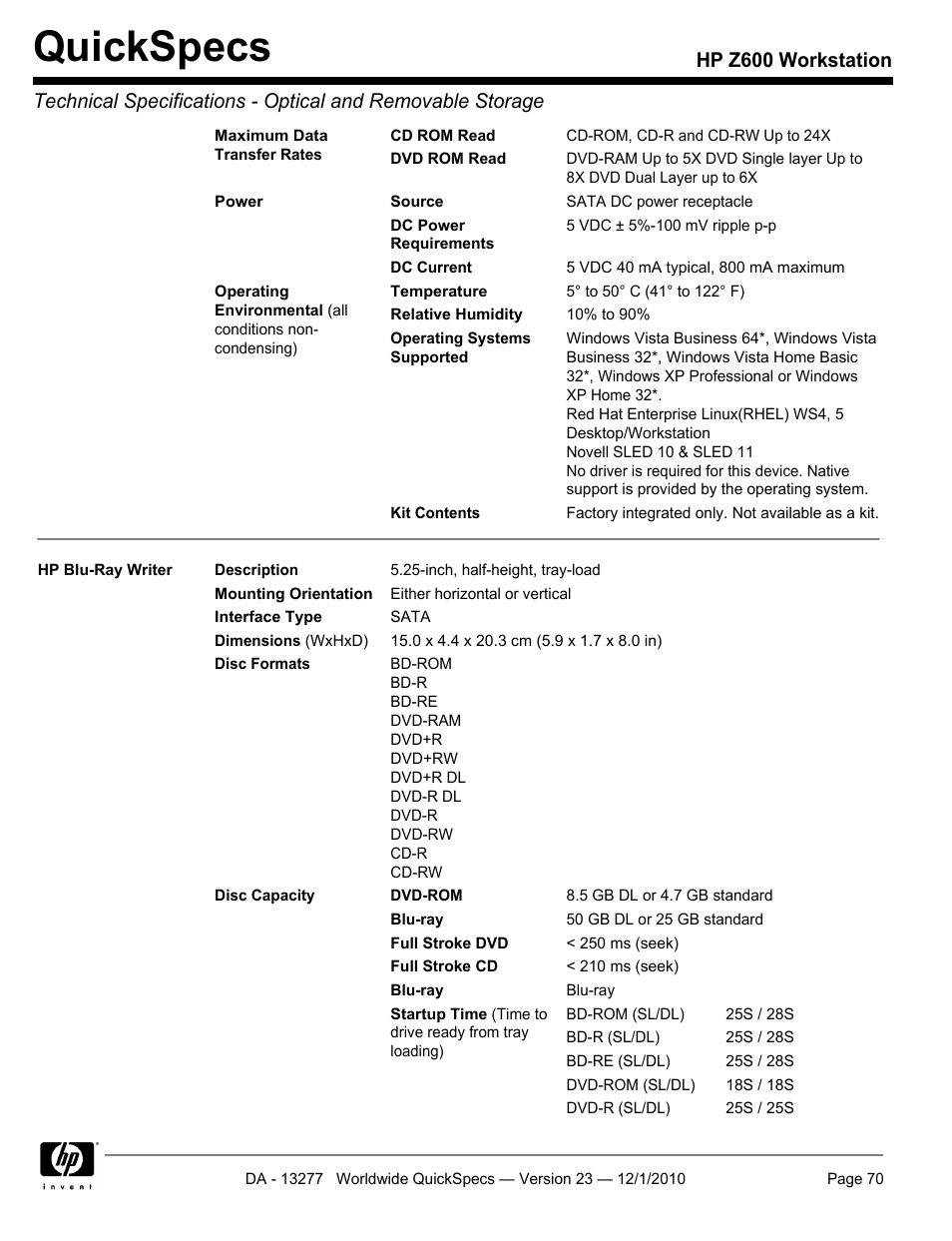 Quickspecs | HP Z600 User Manual | Page 70 / 78