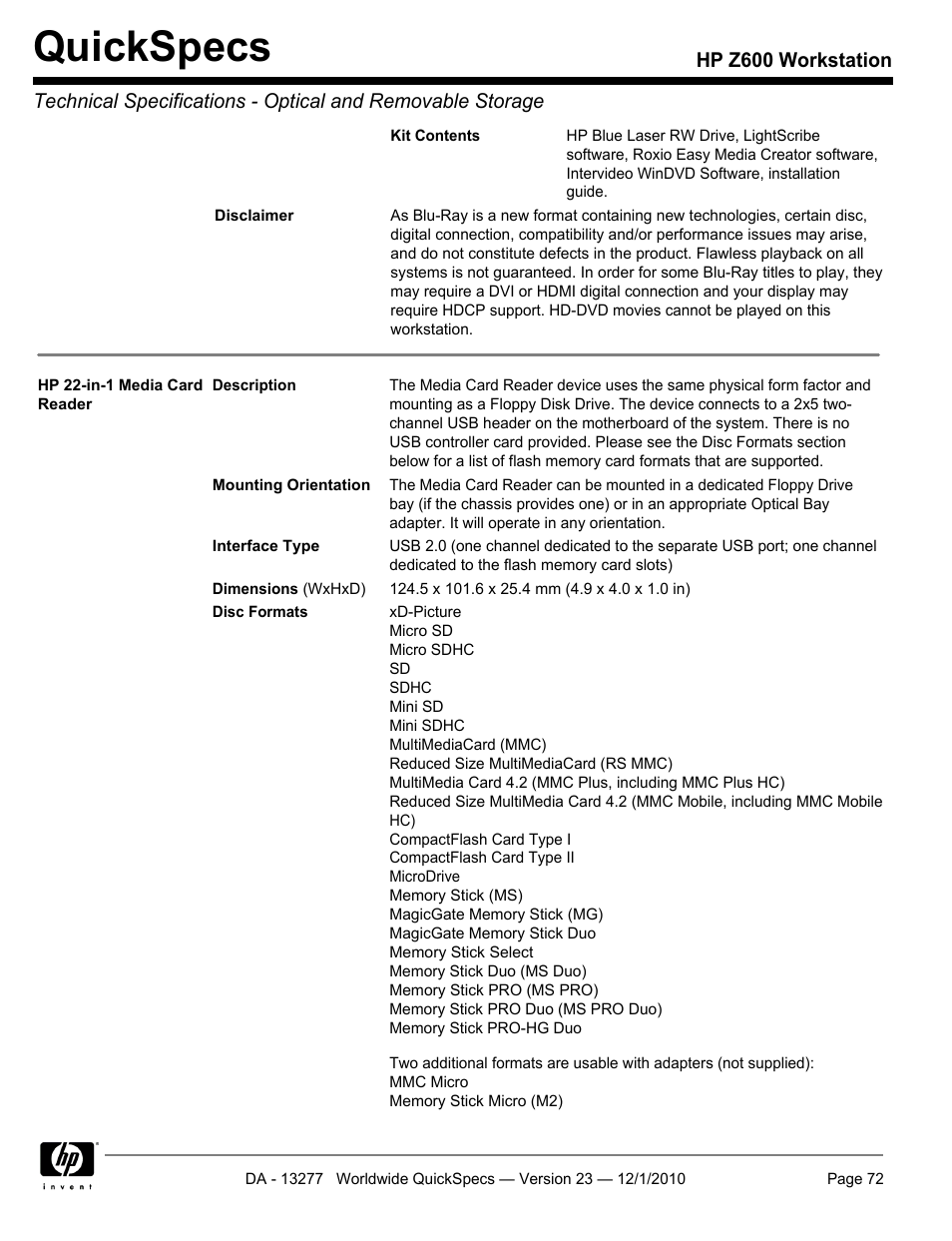 Quickspecs | HP Z600 User Manual | Page 72 / 78