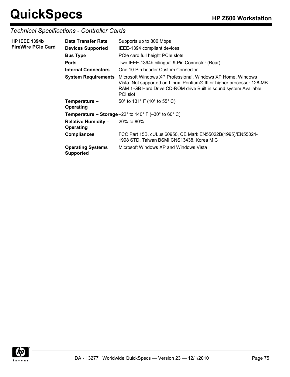 Quickspecs | HP Z600 User Manual | Page 75 / 78