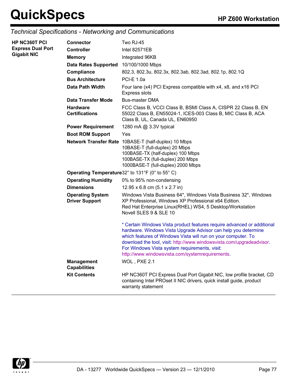 Quickspecs | HP Z600 User Manual | Page 77 / 78
