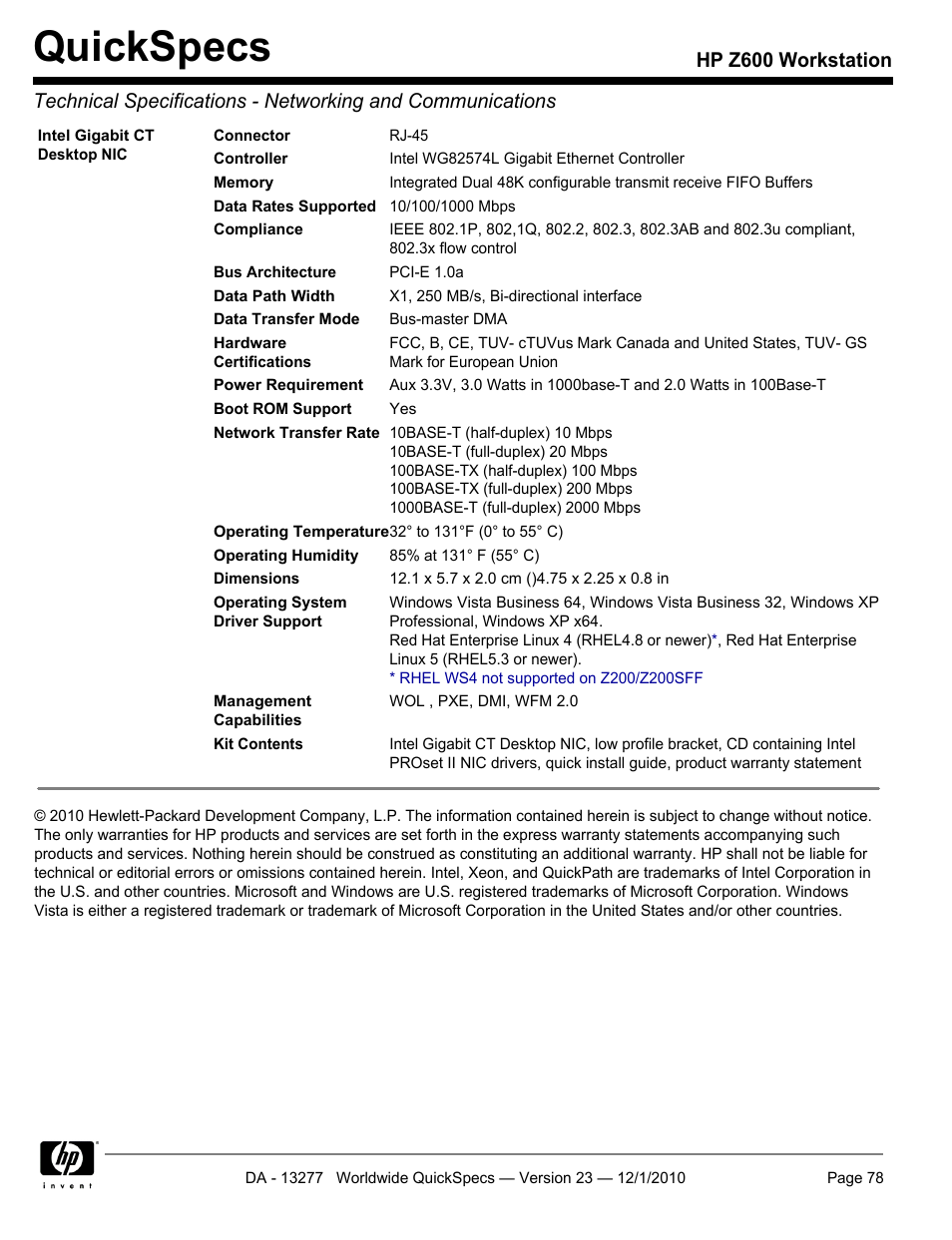 Quickspecs | HP Z600 User Manual | Page 78 / 78