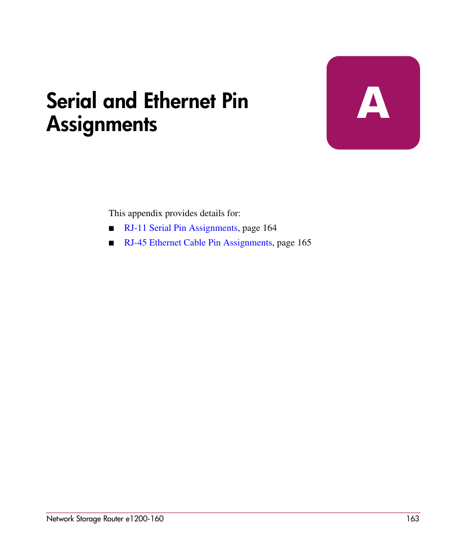 Serial and ethernet pin assignments, A serial and ethernet pin assignments | HP e1200-160 User Manual | Page 163 / 200